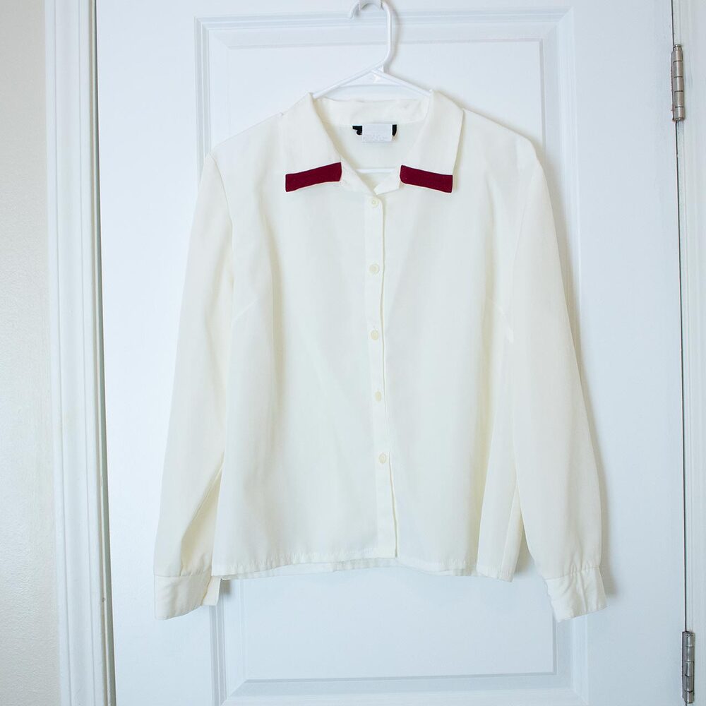 VTG Colorblock Career ZOÉ White Burgundy Collar Blouse Button Mod Minimal 14P